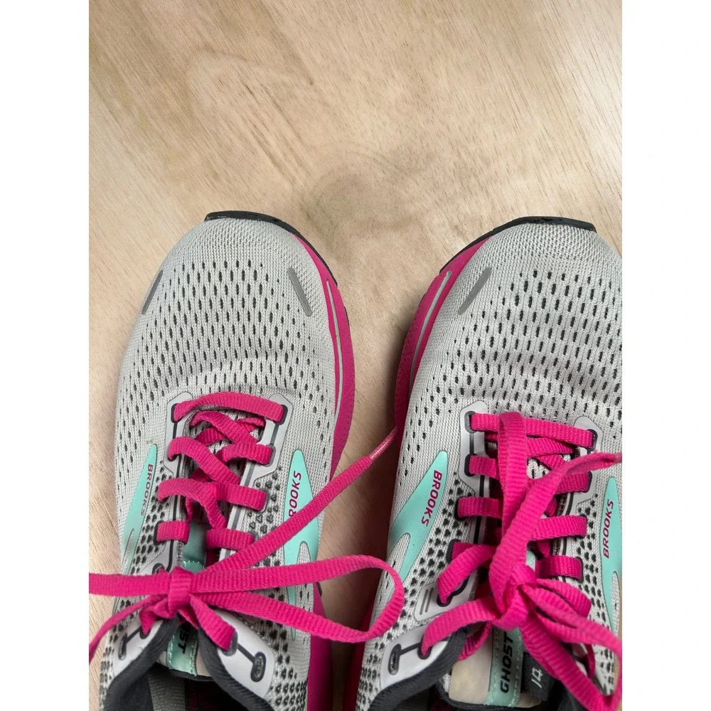 Brooks Ghost 14 Womens size 7 Running Shoes Grey Pink Teal Athletic Sneakers
